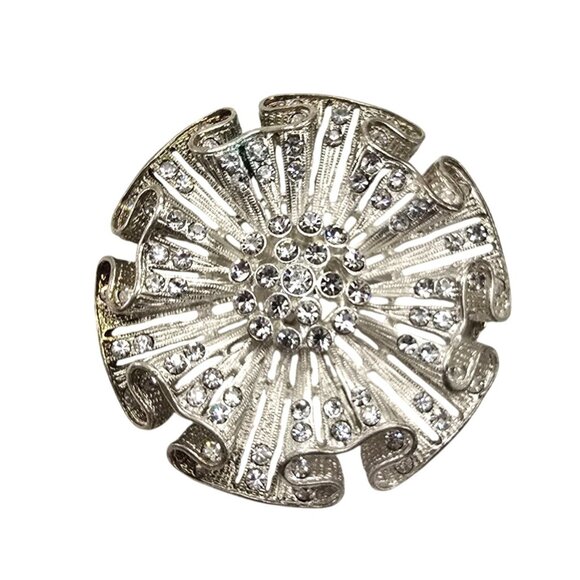 Vintage Rhinestone Circle Brooch Gold and Silver Tone Floral Design JJ3807 - Picture 6 of 7